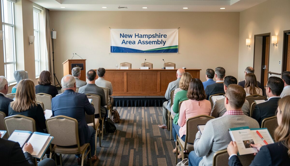 A hotel conference room with rows of chairs facing a head table, a banner reading New Hampshire Area Assembly, attendees seated with report folders, documentary photograph from the back of the room