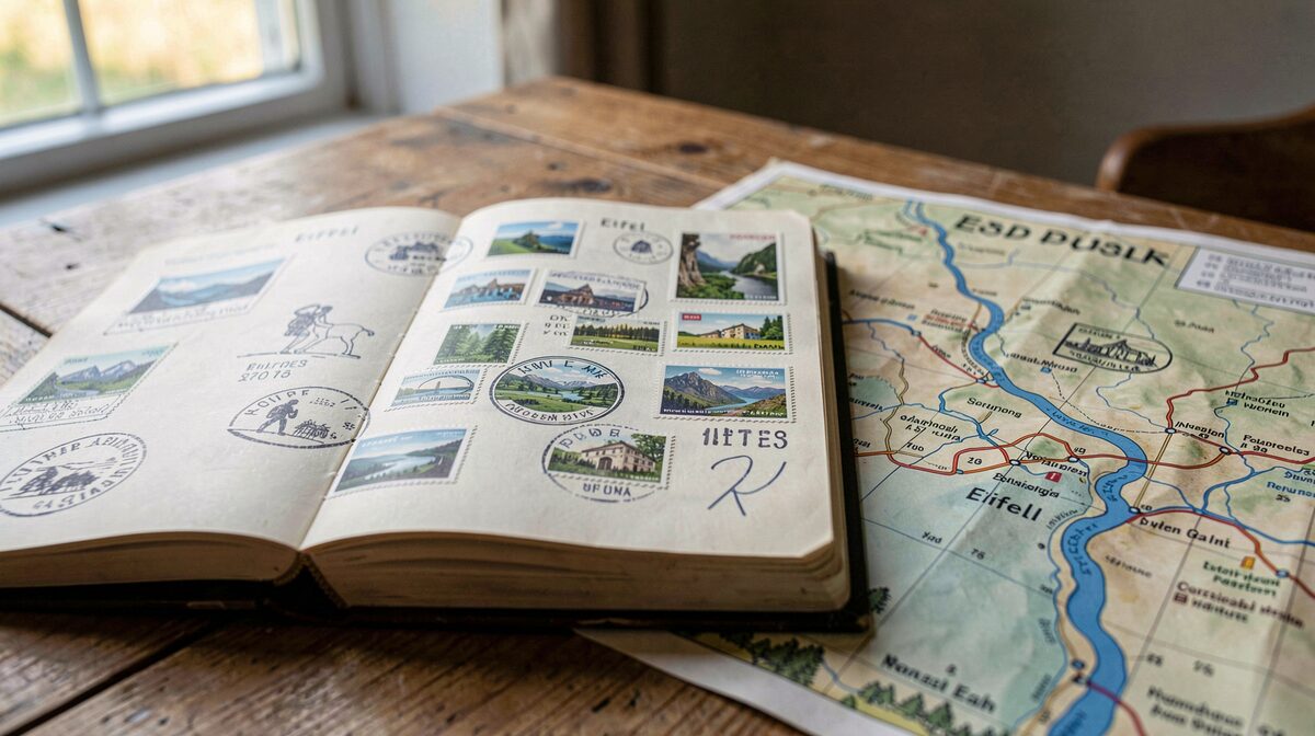 A hiker's stamp book open on a wooden table beside a trail map of the Eifel, soft morning light from a window, close framing on the stamped pages and the river drawn in blue.