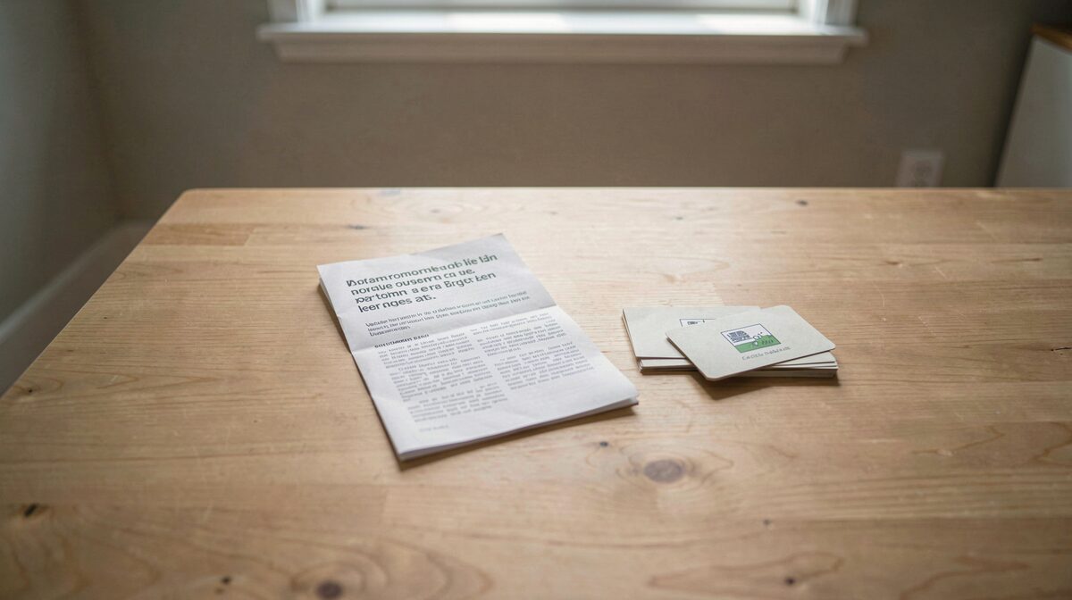 A plain wooden table in a quiet room, a Dutch-language pamphlet and a small index of cards laid out in morning window light, framed straight on from above.